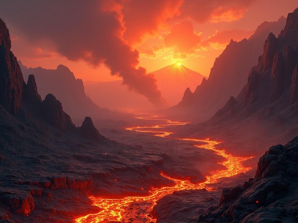 This image showcases a realm defined by fire and lava, illustrating a dramatic volcanic landscape. The foreground features a river of glowing lava meandering through rugged rock formations. In the distance, majestic mountains rise, creating an imposing backdrop. Billowing clouds of smoke add to the fiery atmosphere, particularly as the sun sets behind one of the volcanoes. The color palette is predominantly fiery hues of red and orange, highlighting the otherworldly beauty of this landscape.