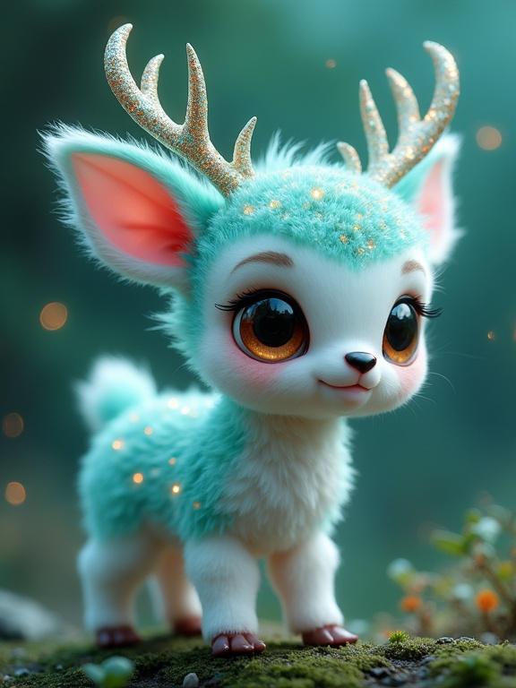 Whimsical deer-like creature with fluffy body and vibrant teal fur. Large expressive brown eyes and small black nose. Delicate, sparkling antlers. Dreamy forest background with glowing lights.