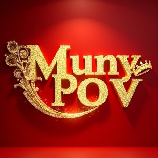 Visually stunning 3D rendering with the name Muny Pov in golden letters against a red background. Letters adorned with diamonds sparkling in light. A golden crown on the right side and a peacock on the left. Beneath the name, a glowing emblem with warm lighting highlights golden tones. Delicate shadows enhance the typography and decorations, creating an awe-inspiring wall statement.