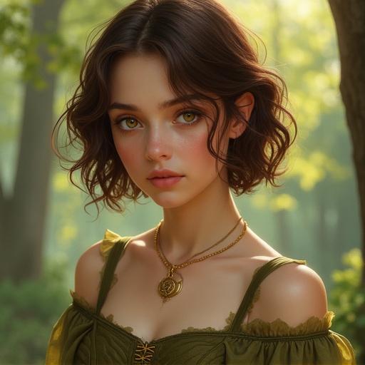 Close-up portrait of a young woman with short wavy brown hair, light-colored eyes, gentle expression, wearing olive green medieval-inspired dress with corset-style bodice, off-the-shoulder sleeves, gold necklace, softly blurred sun-dappled forest background, realistic art style, natural light.