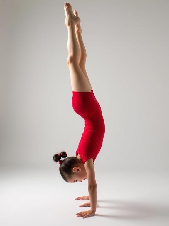 12-year-old girl gymnast in red leotard performing handstand. Wide-angle perspective. No background.
