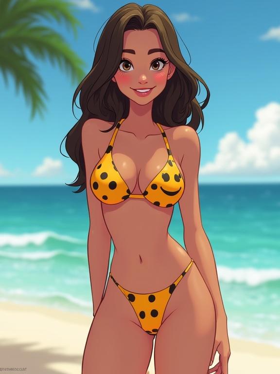 Young woman standing on the beach. She wears a bikini with emoji designs. The background displays a sunny sky and ocean waves. The composition is bright and inviting. The setting is tropical and vibrant.