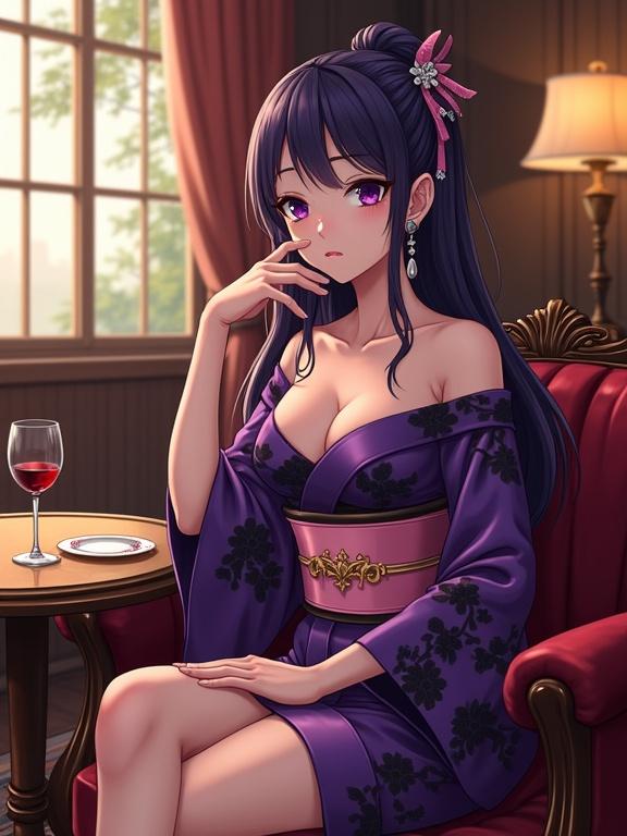 Anime lady in a luxurious retro lounge. Elegant vintage leather sofa. Striking violet hair and eyes. Gorgeous silver earrings. Wearing a shiny violet kimono with black floral patterns. Stylish pink obi belt. Relaxed yet refined posture with legs crossed. One arm on sofa and other touching a wine glass. Cozy scene with warm golden lighting. Antique decor including lamps and rugs. Window view of trees. Composed expression exuding grace.