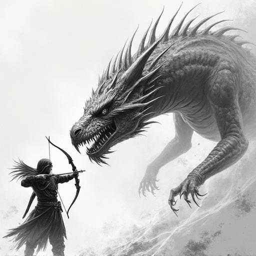 Futuristic fantasy concept art sketch featuring an archer in battle with a dragon