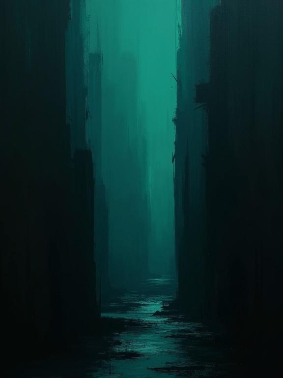 Digital oil painting with harsh strokes creates a dark atmosphere. Black background features absurdist elements and flat colors. Art presents a unique silhouette in a minimalist style. Dark teal colors portray formless voids and shifting shapes.
