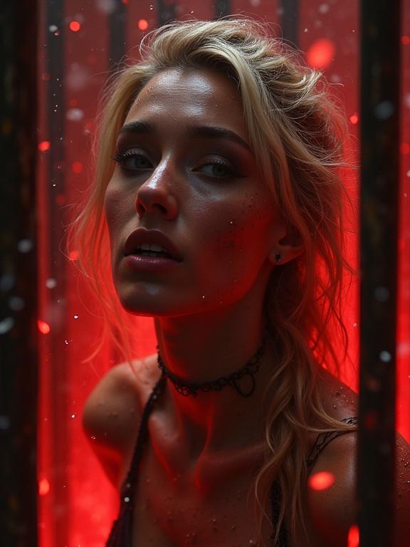Close up of a slim tribal blonde woman with sweat on her skin. She has tears and is in a red-lit environment. A cage with red-hot bars is in the background. The atmosphere is mysterious and intense.