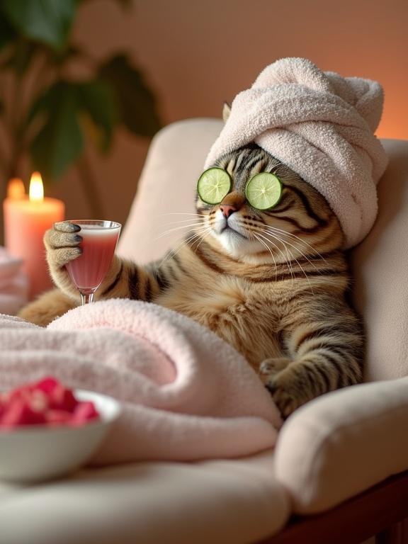 Anthropomorphized cat relaxing in a plush lounge chair. Towel turban on head. Cucumber slices over eyes. Fancy drink held in paw. Surrounded by spa luxury with candles and rose petals. Soft pastel ambiance.