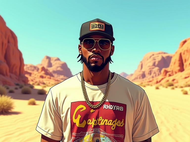 Black male rapper stands in a bright desert landscape. He wears graphic t-shirt and gold chain. Background is detailed desert with sand and rocks. Image features bold outlines and dramatic cell shading.