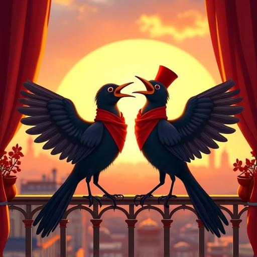 A fantasy scene features two humanoid nightingale birds dressed as Spanish matadors. They stand proudly on a colorful balcony. The city of Madrid is visible in the background at sunset. The birds have their wings spread in a dramatic gesture. Red flowers and a flamenco scarf adorn the railing. Golden light creates a warm atmosphere and soft wind moves the curtains.