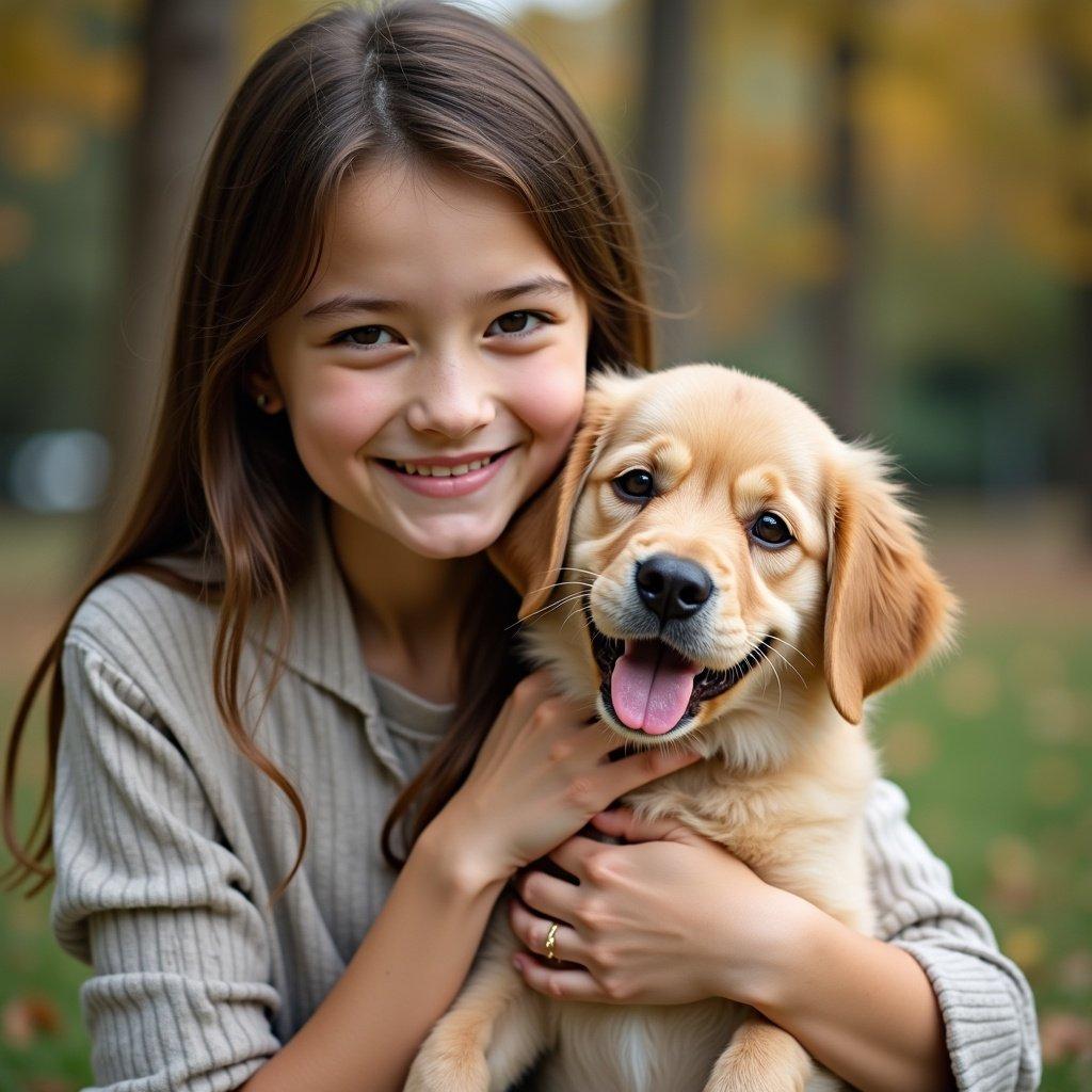 A young woman holds her dog in an outdoor setting with trees. The dog is held close. A serene atmosphere with autumn colors.