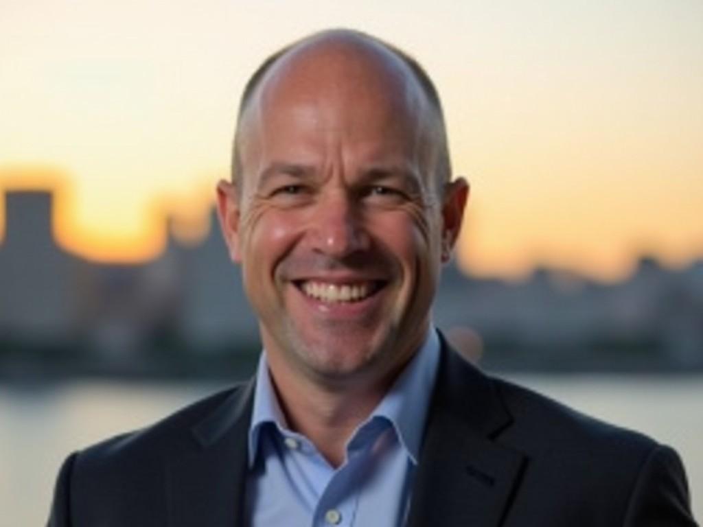 A man with a shaved head is smiling at the camera. He is wearing a dark suit and a light blue shirt. The background is a blurred skyline at sunset, suggesting an urban setting with buildings and possibly a body of water. The sky has a gradient from orange to blue, indicating the time of day. The overall atmosphere is professional and warm.