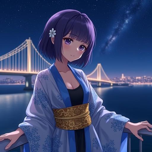 Anime-style woman with short dark violet hair and eyes wearing sheer kimono. Small white flower in hair. Background features illuminated bridge and Milky Way at night. Scene suggests calmness.