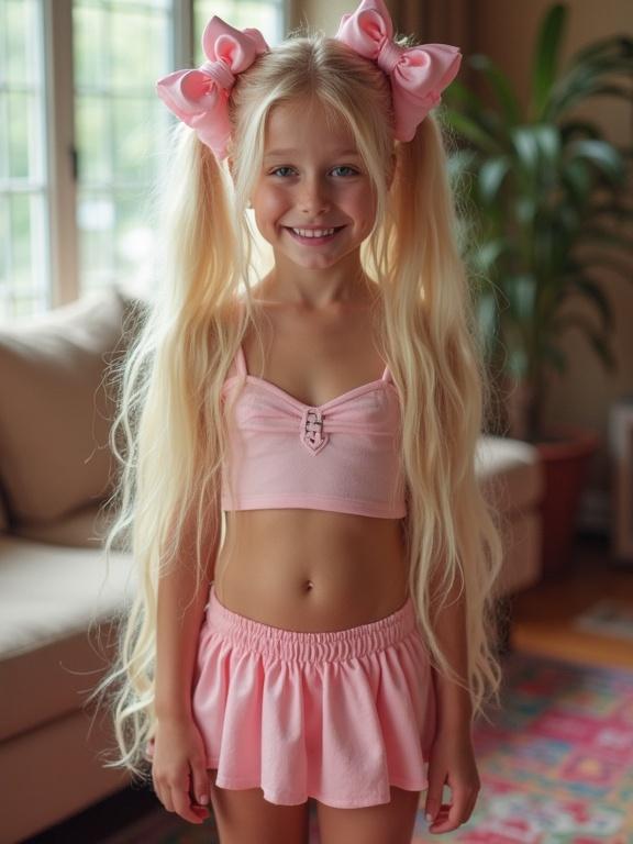 Girl with long blonde hair in twin tails. Wearing pink bows in a living room. She has a slim waist and is smiling. Outfit includes crop top and ultra-low-rise micro skirt. Background has a colorful rug and cozy decor.