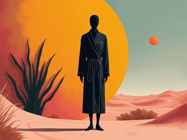 Faceless mannequin in a sleek black robe. Surrounded by abstract shapes in a surreal desert landscape. Large orange sun in the background with contrasting teal and beige colors. Emphasis on minimalism and high concept art.