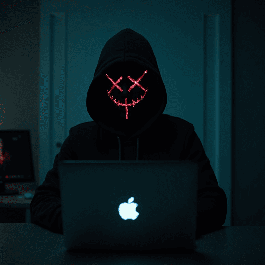 A person in a hood with an eerie LED mask sits at a laptop, creating a mysterious ambiance.