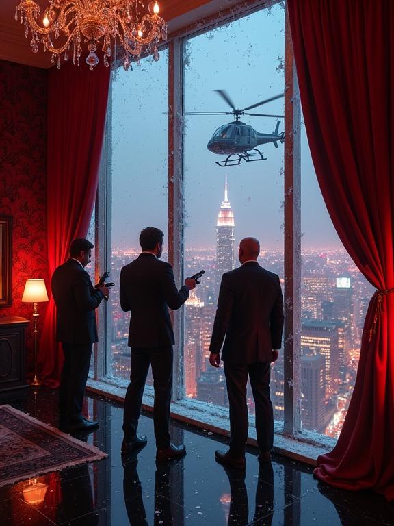 A luxury penthouse scene with elite extraction teams breaching glass walls. Soldiers with tools in hand, catching reflection of a crime boss. Crystal chandeliers shatter, and the skyline glows with nightlife neon. Velvet drapes twist from broken balcony revealing a helicopter. Dynamic interior-exterior contrast with cinematic lens flare.