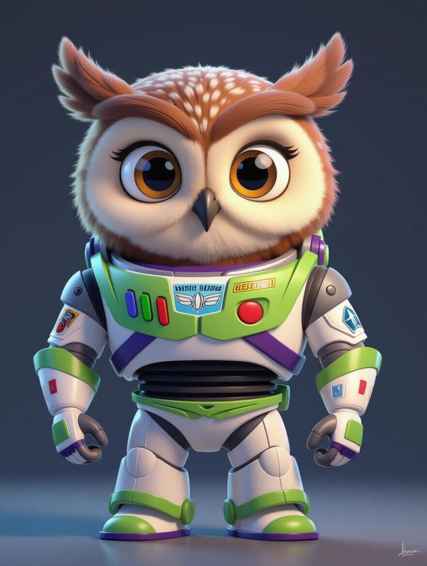 3D illustration of an owl wearing Buzz Lightyear's space suit. The owl has no visible wings. The suit fits snugly. Highly detailed textures and shiny armor. Expressive eyes and dynamic heroic pose. Stylized space background with cinematic lighting.