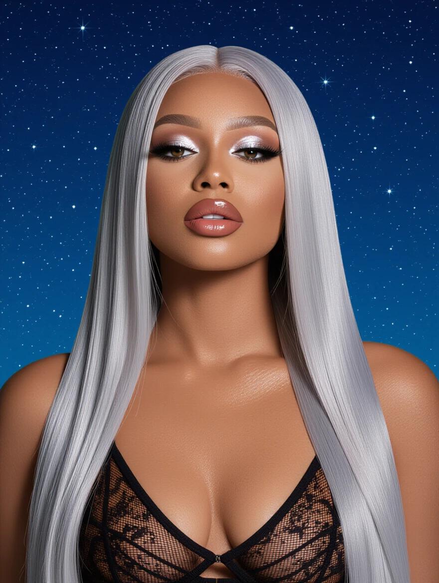 Black woman with long straight silver Balayage hair. She has glowing silver eyes and dramatic silver makeup. The model has large breasts and wears black lingerie. The background shows a starry sky.