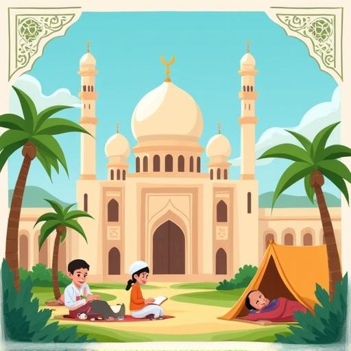 Islamic-themed summer camp poster. Peaceful outdoor area with Islamic building in background. Palm trees and traditional architecture. Children playing, reading, or sitting. Modest Islamic clothing. No facial features, soft cartoon style. Bright colors. Subtle Islamic patterns in borders. Clear blank area for Arabic text.