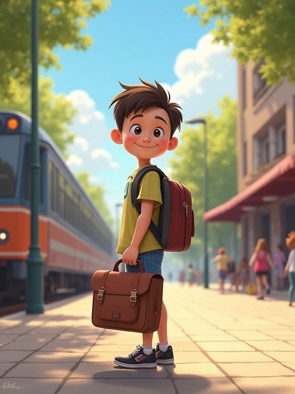 Cute boy standing at a train station street. He holds a school bag and wears a smile. The environment is sunny with a clear blue sky. Details of nearby train and people in the background. Illustrative and vibrant style.