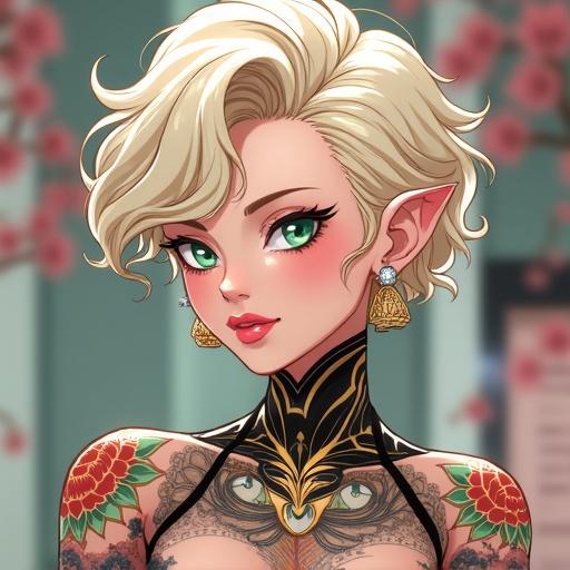 Anime character design of a woman with emerald green eyes. Features short curly light blonde hair and elegant light pink diamond jewelry. Set in a modern, luxurious mall with colorful decor. The character has a cybernetic right leg and is wearing edgy Chanel streetwear, showcasing beautiful Japanese tattoos. Emphasizes an ageless appearance with 6 pack abs and muscular arms, inspired by a mixture of cultures.