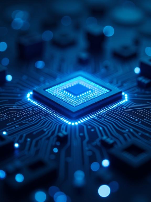 An illuminated microchip is the main focus. The background features blue circuitry with glowing elements. The image uses a close-up perspective to highlight details. The lighting is vibrant and neon. The overall tone is sleek and modern.