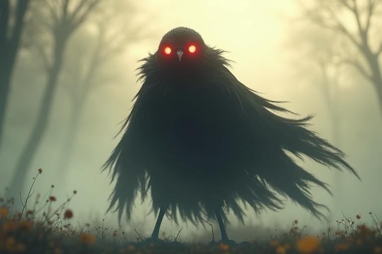 Silhouette of a terrifying anthropomorphic crow with glowing red eyes emerging from the mist. The creature stands upright on two legs, cloaked in tattered black fabric. Daylight shines through a misty forest, highlighting the figure. Ultra-HD, 4K quality.