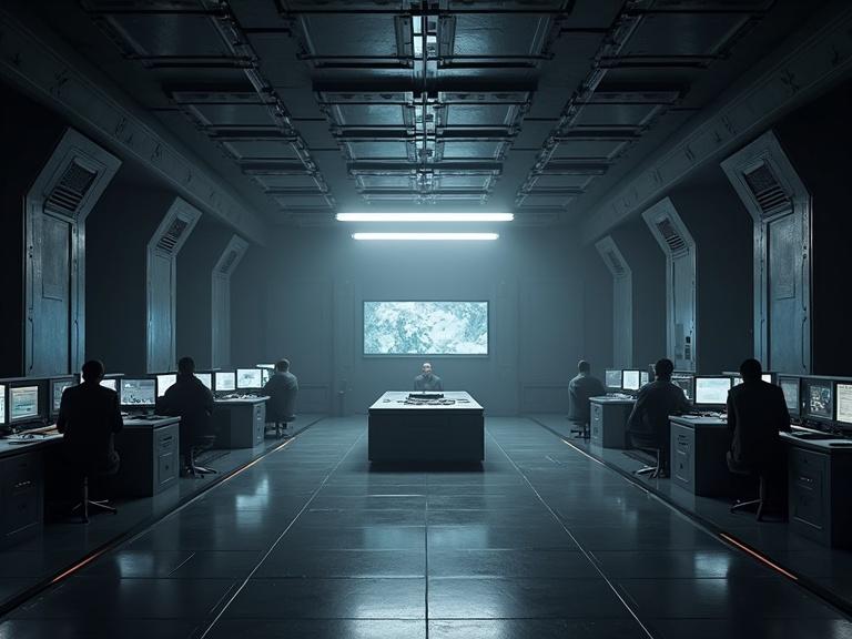 Interior of a sci-fi command center with low ceiling. Dark and atmospheric space. Bright monitors illuminate the room. Central white bulky rectangle strategy table with chairs. Military personnel in dark navy uniforms. Metal doors and columns create a structured environment. Lens flare from ceiling lights adds effect. Black metal floor with diagonal textures.