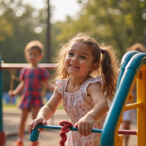 Children enjoy the playground during a sunny day. They are playing on swings and climbing equipment. Bright colors of the playground enhance the cheerful environment.