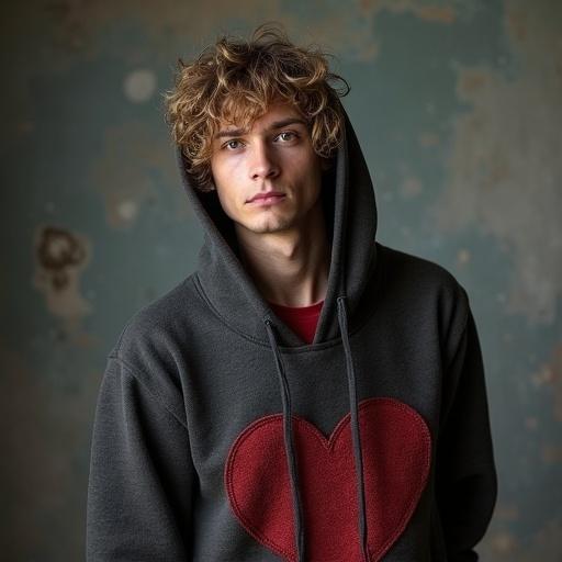 A man wearing a gray hoodie with a heart on it. He has curly hair and is sitting down. Background has a textured wall.