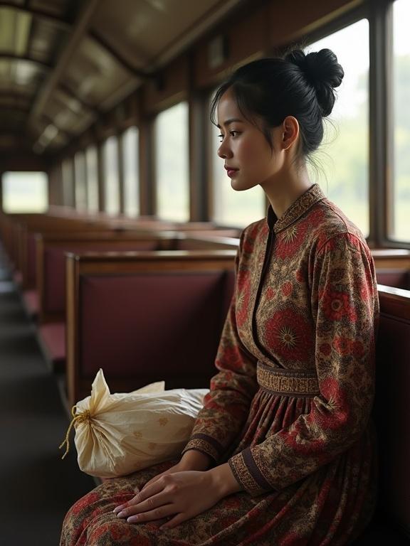 A peaceful scene of a woman with black hair and a Sundanese bun in a 1920s Dutch East Indies train. She wears a Kebaya dress and a Batik skirt, resting on a passenger bench. A batik-wrapped parcel is next to her.