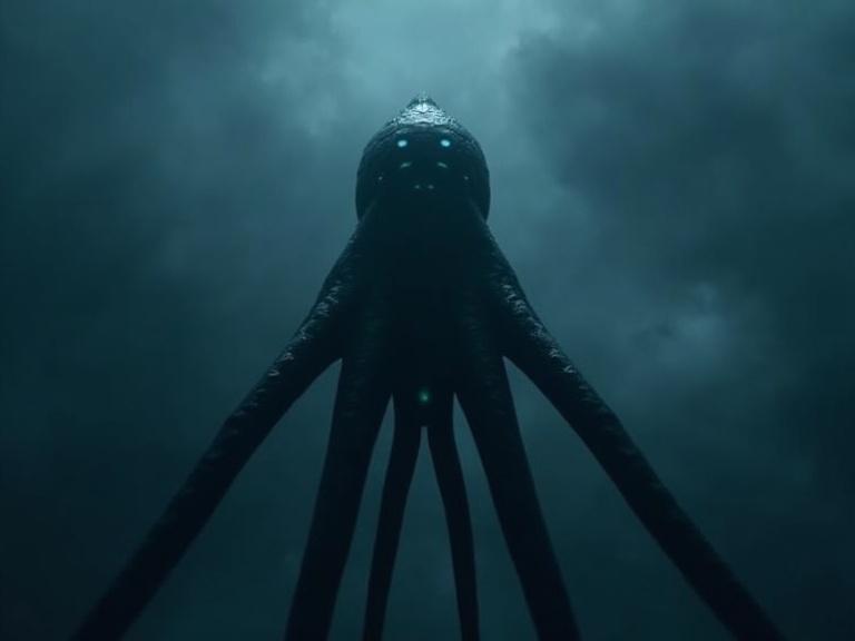Dark cinematic view looking up at a huge black sleek tentacle creature with a pointed head and glowing eyes breaching through dark clouds. High in the sky, realism, detailed shadows, atmospheric fog, dark blue filter, 4k.