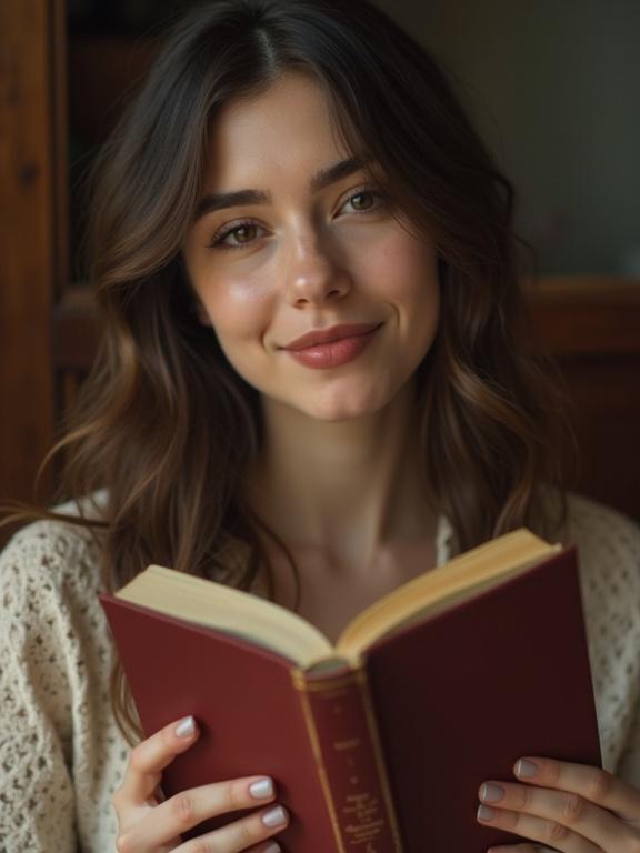 Attractive woman with puffy glossy full big lips sitting with a book in her hands exuding a natural beauty and warmth