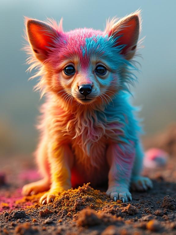 Brightly colored puppy sits on a dirt surface vibrant hues plastered on its fur striking color contrasts artistic touch