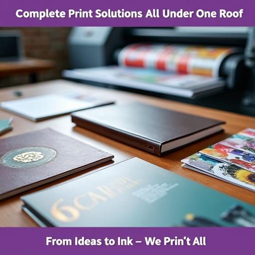 Clean organized flat-lay display of high-quality printed products. Hardbound diary embossed logo next to colorful magazine and stacked brochure. Leaflets fanned out in vibrant colors. Catalogues and books with polished covers. Premium stickers with glossy finish beside matte paper. Background shows blurred offset press and digital printer. Top text reads 'Complete Print Solutions All Under One Roof.' Bottom text reads 'From Ideas to Ink – We Print It All.'