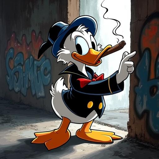 Scrooge McDuck character illustration featuring smoking cigar in shaded lighting with black outlines and graffiti in the background