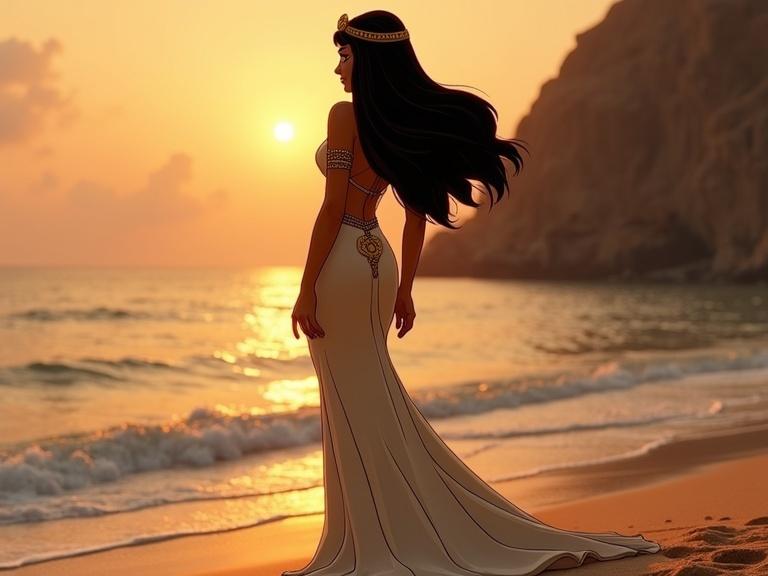 Cleopatra posing gracefully at the beach during sunset with an elegant dress seen from behind. The ocean and a dramatic sky form a perfect background.