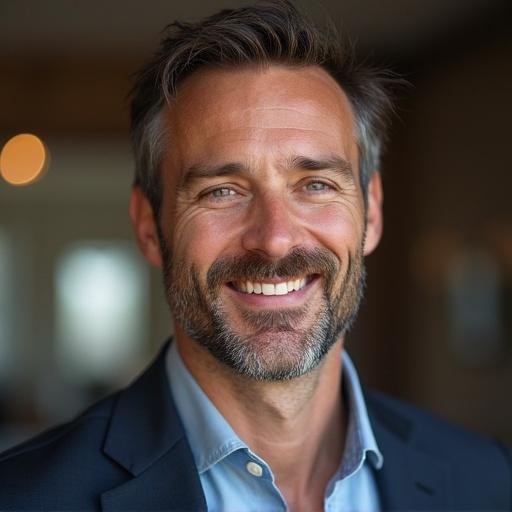 Create a photo realistic representation of a smiling man in a suit. Capture a warm ambiance with natural lighting. Focus on the friendly expression and confident demeanor.