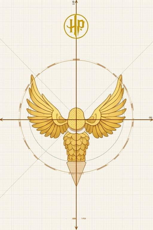 Golden Snitch design featuring HP logo created using conic sections on graph paper. Combines circles, parabolas, and ellipses illustrating geometry in a fantasy context.