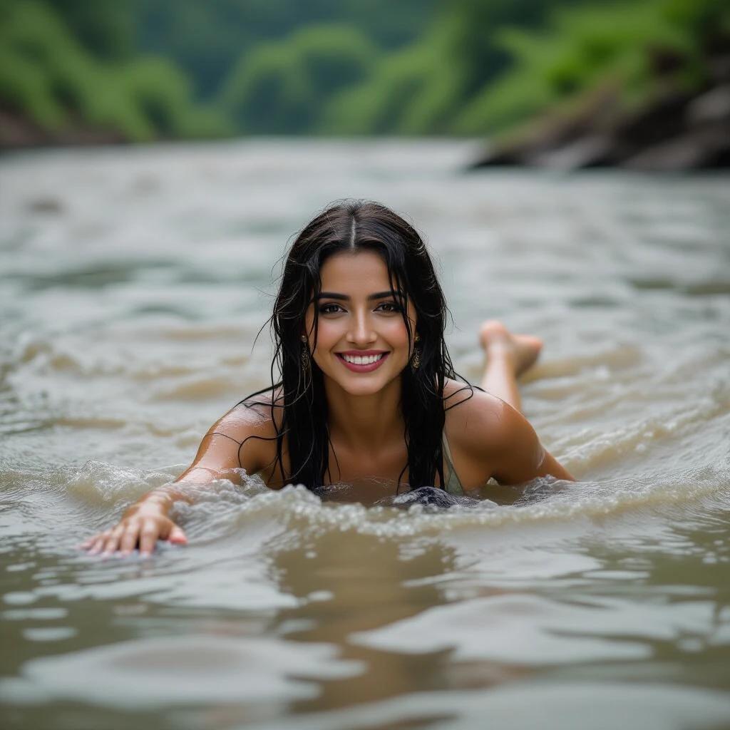 A swimmer with delicate features swims in a rain-soaked river. Long wet black hair floats in muddy water. Fair skin is visible. A smile complements her beauty. She swims powerfully against a strong current. The image is captured from the river bank showing the swimmer's full body.