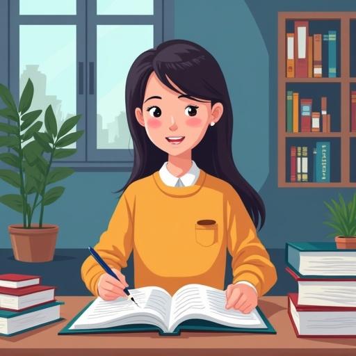 Cartoon image of a university student studying. Student using an AI tool. Bright and inviting study space. Books, plants, and a window in the background.