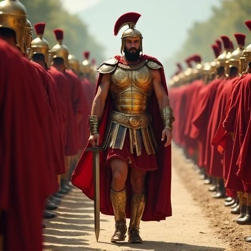 Muscular man as a Roman soldier with sword. He wears golden armor and gladiator helmet. Red cape flows behind him. Soldiers in red uniforms line the path.
