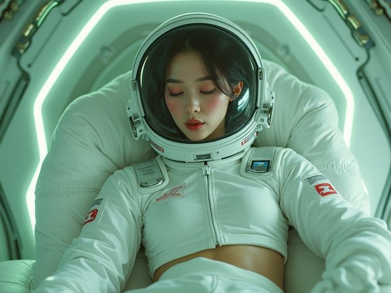 A depiction of a female astronaut waking after coma on a white skin seat. She has a cute face with blush and wears sporty white underwear under her astronaut suit. She is wet in oil and connects to futuristic space machines. The scene is set in an advanced spacecraft with an alien vibe from the 1970s. There are green, white, and gray tones with wet surfaces and reflections.