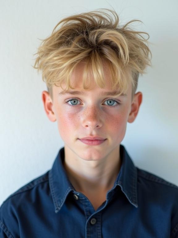 15-year-old boy with trendy messy blond hair wearing a dark blue shirt against a light gray background. Sharp facial features and subtle smile.