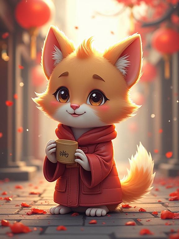 A cute furry fox wearing a red robe holds a coffee cup. The scene is set in a pathway decorated with lanterns and flower petals. The atmosphere is warm and inviting.