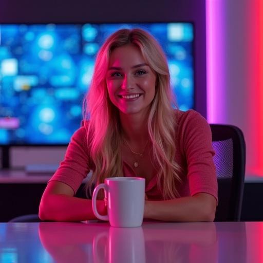 Blonde female influencer sitting at streaming desk. Smiling enthusiastically at camera. Hands above table making gestures. Neon lit streaming studio in background.