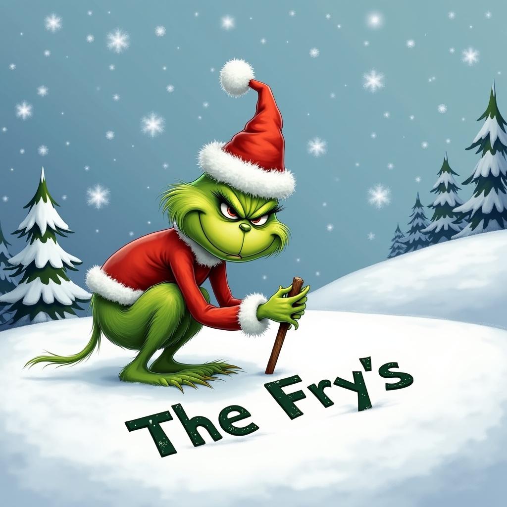 Whimsical winter scene with the Grinch in snowy landscape. Grinch with grumpy expression and green fur crouched down writing 'The Fry's' in snow. Snowflakes gently fall creating festive atmosphere. Snow-covered hills and pine trees in background. Grinch wears Santa hat hinting at holiday mischief.