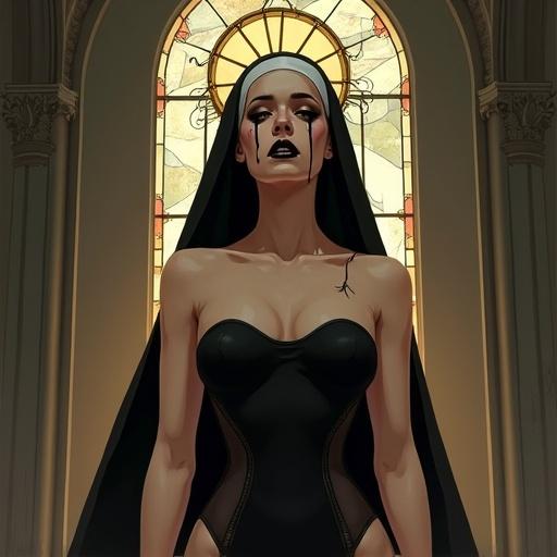Full-body digital illustration depicting a sorrowful nun in a modern swimsuit. She stands in a grand church facing forward. Deeply mournful expression with heavy black makeup. Cracked golden halo above her head. Drape of traditional veil behind shoulders. Framed by a softly glowing stained glass window casting diffused light.