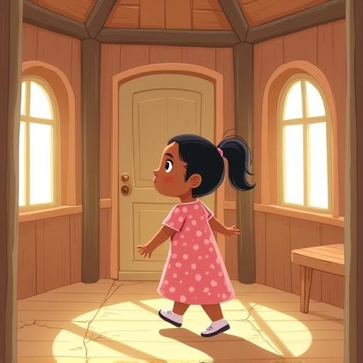 A soft flat-style illustration for children. A small wooden room with five wooden pillars and a domed roof. The base is cracked. A young girl around five years old, with light brown skin and short black hair in a ponytail, wears a pink dress with white polka dots. She is walking and touching a wooden table corner, looking surprised and slightly cramped in the dim atmosphere. The room has a symbolic, dreamy tone, with soft colors and warm lighting.