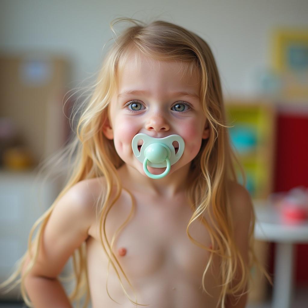 An 8-year-old girl with long blonde hair is in a daycare setting. She has a pacifier in her mouth and looks directly at the camera. The environment is colorful and playful.